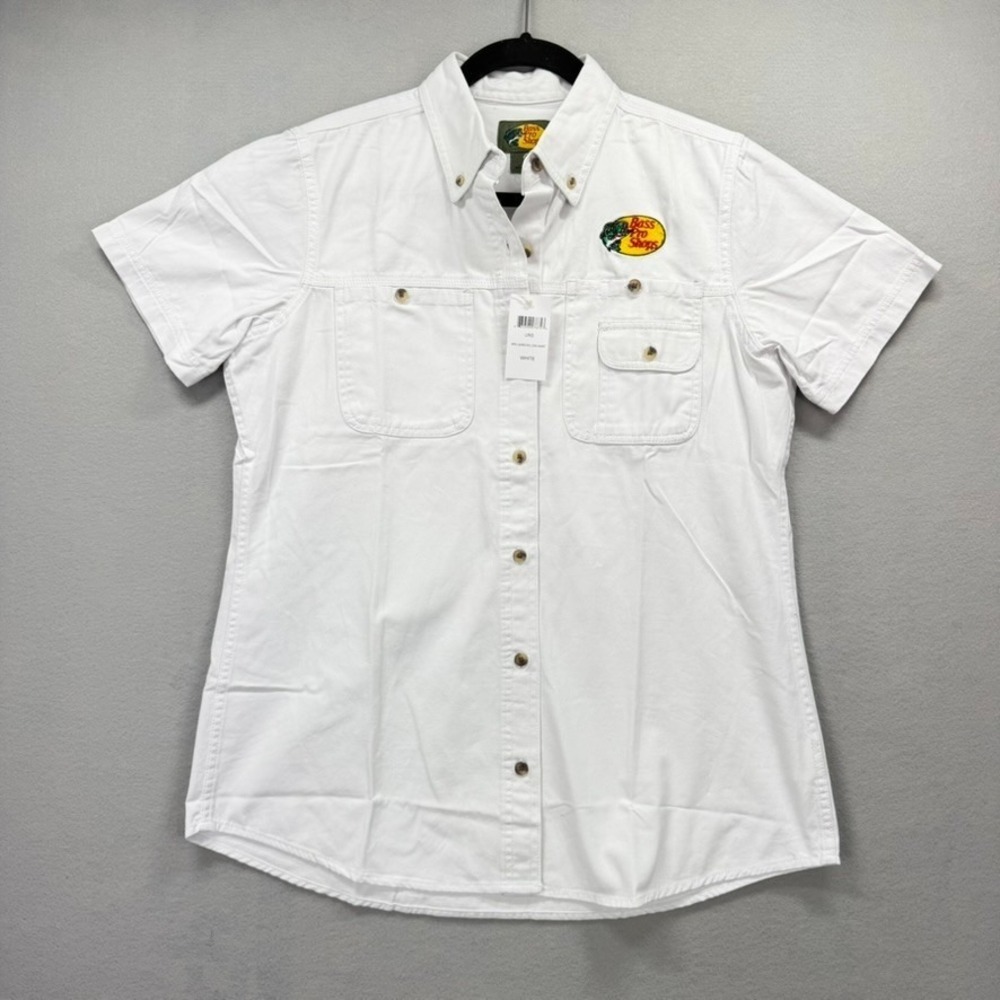 Bass Pro Shops Woven Shirt Womens Medium White Short‎ Sleeve Utility Work NEW